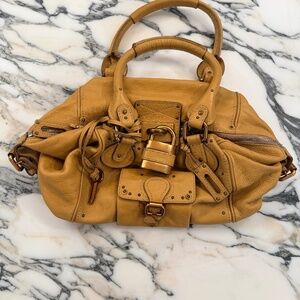 Chloé Paddington Camel Leather Satchel Gold Hardware Padlock Key
